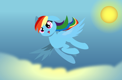 Size: 1024x677 | Tagged: safe, artist:dusthiel, rainbow dash, g4, cloud, female, flat colors, flying, lineless, solo, sun