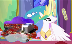 Size: 617x378 | Tagged: safe, princess celestia, g4, my little pony: friendship is magic, no second prances, exploitable meme, forklestia, meme, spilled milk, spongebob squarepants, the inner machinations of my mind are an enigma, the secret box