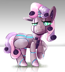 Size: 1024x1126 | Tagged: safe, artist:meepars, sweetie belle, pony, robot, robot pony, unicorn, g4, female, filly, foal, hooves, horn, raised hoof, solo, sweetie bot, teeth