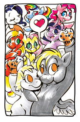 Size: 657x1000 | Tagged: safe, artist:mittymandi, applejack, derpy hooves, dinky hooves, fluttershy, pinkie pie, rainbow dash, rarity, twilight sparkle, pegasus, pony, comic:derpyquest, g4, 24-hour comic day, female, food, heart, hug, mane six, mare, mother and daughter, muffin