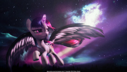 Size: 4096x2304 | Tagged: safe, artist:princeoracle, twilight sparkle, alicorn, pony, g4, 3d, female, flying, gmod, high res, mare, night, signature, solo, sparkles, twilight sparkle (alicorn)
