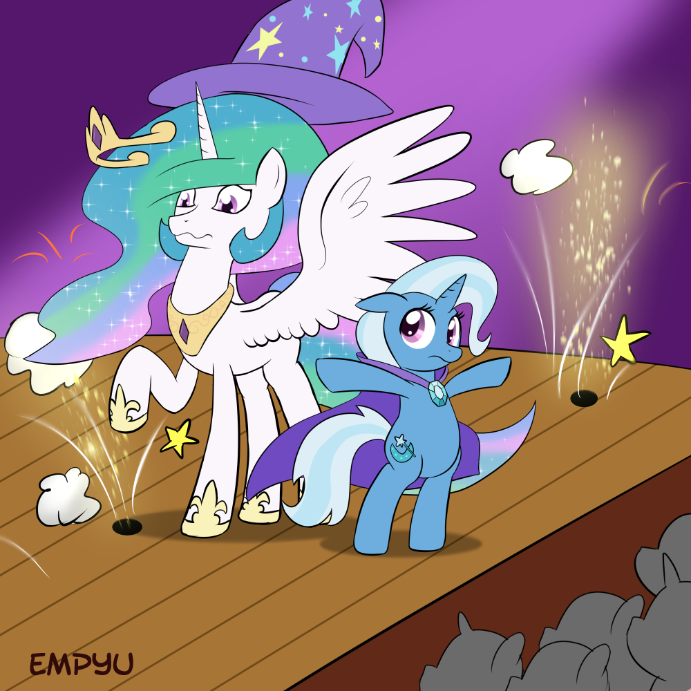 Safe Artist Empyu Princess Celestia Trixie Alicorn Pony Unicorn Bipedal Crowd