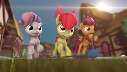 Size: 5120x2880 | Tagged: safe, artist:hexedecimal, apple bloom, scootaloo, sweetie belle, g4, 3d, cutie mark, cutie mark crusaders, high res, lens flare, ponyville, scooter, source filmmaker, the cmc's cutie marks