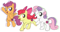Size: 640x340 | Tagged: safe, artist:chocolatechippi, apple bloom, scootaloo, sweetie belle, earth pony, pegasus, pony, unicorn, g4, apple bloom's bow, bow, cutie mark, cutie mark crusaders, female, filly, foal, hair bow, open mouth, open smile, raised hoof, simple background, smiling, spread wings, the cmc's cutie marks, walking, white background, wings