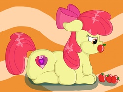 Size: 1280x955 | Tagged: safe, artist:dullpoint, apple bloom, earth pony, pony, g4, apple, apple blob, apple in mouth, backwards cutie mark, cutie mark, eating, fat, female, filly, food, obese, patterned background, solo, the cmc's cutie marks