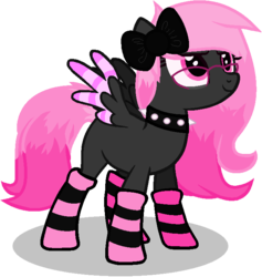 Size: 682x720 | Tagged: safe, artist:wyrdaagaeti, oc, oc only, oc:velvet kisses, bow, choker, clothes, glasses, hair bow, simple background, smiling, socks, solo, spiked choker, spread wings, striped socks, transparent background