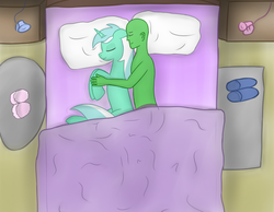 Size: 1500x1166 | Tagged: safe, artist:laserbiskit, lyra heartstrings, oc, oc:anon, human, g4, bed, blanket, clothes, cuddling, eyes closed, floppy ears, high angle, human on pony snuggling, lamp, pillow, sleeping, slippers, smiling, snuggling, spooning, topless