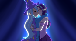 Size: 1280x691 | Tagged: safe, artist:jonfawkes, starlight glimmer, trixie, human, g4, no second prances, elf ears, eyes closed, female, hug, humanized, imminent kissing, lesbian, ship:startrix, shipping, smiling, unicorns as elves