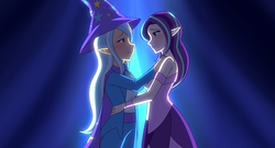 Size: 1280x691 | Tagged: safe, artist:jonfawkes, starlight glimmer, trixie, human, g4, no second prances, elf ears, eye contact, female, humanized, imminent kissing, lesbian, ship:startrix, shipping, smiling, unicorns as elves