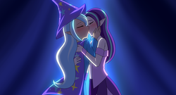 Size: 1280x691 | Tagged: safe, artist:jonfawkes, starlight glimmer, trixie, human, g4, no second prances, blushing, duo, elf ears, eyes closed, female, humanized, kiss on the lips, kissing, lesbian, ship:startrix, shipping, unicorns as elves