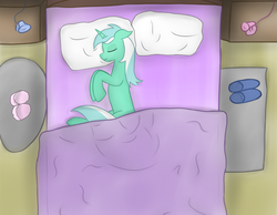 Size: 1500x1166 | Tagged: safe, artist:laserbiskit, lyra heartstrings, g4, bed, blanket, clothes, eyes closed, female, floppy ears, high angle, implied anon, implied human, lamp, lying down, on side, pillow, sleeping, slippers, smiling, solo