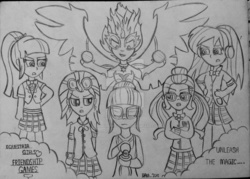 Size: 1024x733 | Tagged: safe, artist:daka-doubleagent, indigo zap, lemon zest, sci-twi, sour sweet, sugarcoat, twilight sparkle, equestria girls, g4, my little pony equestria girls: friendship games, monochrome, traditional art, unleash the magic