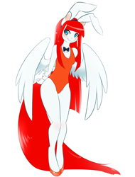 Size: 1600x2100 | Tagged: safe, artist:spazzykoneko, oc, oc only, oc:sleight, pegasus, anthro, unguligrade anthro, bowtie, bunny ears, bunny suit, clothes, female, leotard, mare, neighvada nights, playboy bunny, red hair, solo