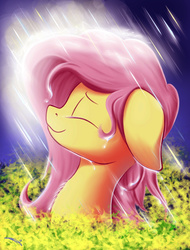 Size: 1556x2048 | Tagged: safe, artist:freeedon, fluttershy, g4, female, floppy ears, happy, profile, rain, solo