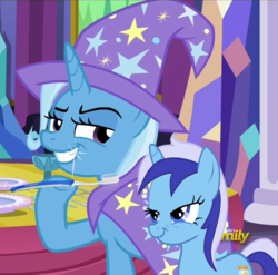 Size: 727x719 | Tagged: safe, edit, screencap, vector edit, minuette, trixie, pony, unicorn, g4, no second prances, clothes, colgate (company), cutie mark, discovery family, discovery family logo, female, fork, hat, knife, mare, plate, robe, smiling, smug, sparkle, sparkles, spoon, table, teeth, toothbrush, twilight's castle, twinkle, utensils, vector, watermark, wizard hat, wizard robe
