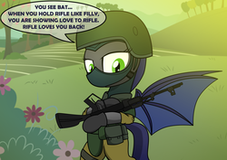 Size: 3507x2481 | Tagged: safe, artist:pananovich, oc, oc only, oc:frostbite, bat pony, pony, ak-74m, apple tree, assault rifle, balaclava, bipedal, body armor, bush, day, female, flower, gun, helmet, high res, hill, mare, military, rifle, solo, speech bubble, tree, weapon, wisdom, you see ivan