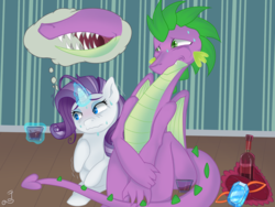 Size: 2048x1536 | Tagged: safe, artist:blackdeathhatter, rarity, spike, fanfic:like fine wine, g4, fanfic art, fangs, female, male, ship:sparity, shipping, straight, winged spike, wings