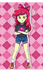 Size: 2071x3472 | Tagged: safe, artist:sumin6301, apple bloom, equestria girls, g4, adorabloom, angry, apple bloom is not amused, apple bloom's bow, bow, clothes, cross-popping veins, crossed arms, cute, female, grumpy, hair bow, high res, looking at you, shorts, solo, the cmc's cutie marks