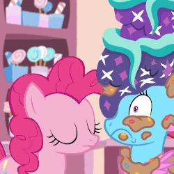 Size: 750x750 | Tagged: safe, screencap, cup cake, pinkie pie, earth pony, pony, g4, no second prances, season 6, animated, apron, cake, clothes, crumbs, duo, eating, eyeball licking, face licking, female, food, licking, licking ponies, mare, personal space invasion, shrunken pupils, sugarcube corner, swallowing, throat bulge, tongue out, unimpressed, worming
