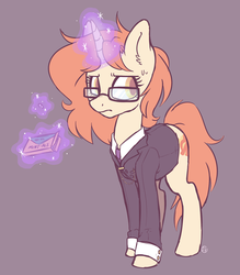 Size: 2800x3200 | Tagged: safe, artist:hawthornss, oc, oc only, oc:crispy cream, pony, unicorn, fallout equestria, clothes, cutie mark, drugs, ear fluff, fanfic, fanfic art, female, glasses, glowing horn, high res, hooves, horn, levitation, magic, mare, mint-als, simple background, solo, suit, telekinesis