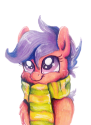 Size: 650x897 | Tagged: safe, artist:buttersprinkle, scootaloo, pegasus, pony, g4, bust, clothes, cute, cutealoo, female, fluffy, portrait, scarf, simple background, smiling, solo, traditional art, white background