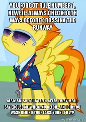 Size: 500x709 | Tagged: safe, edit, edited screencap, screencap, spitfire, pegasus, pony, g4, my little pony: friendship is magic, newbie dash, wonderbolts academy, female, image macro, mama spitfire, mare, meme, motherly, outdoors, solo, sunglasses, text