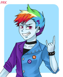 Size: 450x550 | Tagged: safe, artist:prk, rainbow dash, equestria girls, friendship through the ages, g4, my little pony equestria girls: rainbow rocks, bishonen, blitzabetes, clothes, cute, devil horn (gesture), equestria guys, glam, glam metal, humanized, looking at you, male, pixiv, punk, rainbow blitz, rule 63, rule63betes, signature, smiling, smiling at you, solo, teenager