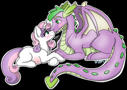 Size: 1024x731 | Tagged: safe, artist:momo-muddycakes, spike, sweetie belle, g4, :o, adult spike, black background, blushing, eye contact, female, fluffy, imminent kissing, male, older, older spike, pregnant, prone, ship:spikebelle, shipping, simple background, smiling, straight, watermark, winged spike, wings