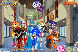 Size: 900x600 | Tagged: safe, artist:trungtranhaitrung, rainbow dash, sci-twi, sunset shimmer, twilight sparkle, equestria girls, g4, anniversary, axl, canterlot high, capcom, crossover, gif, hasbro, logo, male, mega man (series), megaman x, non-animated gif, sega, shadow the hedgehog, sonic boom, sonic the hedgehog, sonic the hedgehog (series), sticks the badger, zero