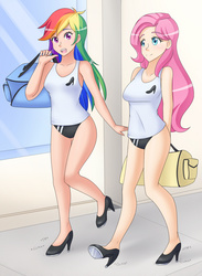 Size: 1280x1751 | Tagged: safe, artist:jonfawkes, fluttershy, rainbow dash, human, g4, bag, breasts, clothes, commission, duo, female, high heels, humanized, open mouth, patreon, sports panties, tank top, tap dancing, walking