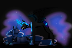 Size: 1280x853 | Tagged: safe, artist:maria-fly, nightmare moon, princess luna, g4, crying, ethereal mane, glowing horn, grin, horn, inner demons, inner struggle, looming over, prone, spread wings