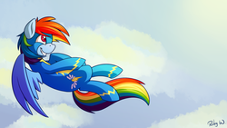 Size: 1280x720 | Tagged: safe, artist:rubywave32, rainbow dash, g4, my little pony: friendship is magic, newbie dash, female, flying, solo, wonderbolts uniform