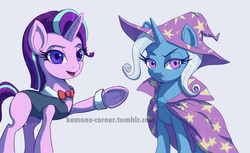 Size: 1078x659 | Tagged: dead source, safe, artist:grissaecrim, starlight glimmer, trixie, pony, unicorn, g4, no second prances, female, leotard, lesbian, magician outfit, mare, ship:startrix, shipping