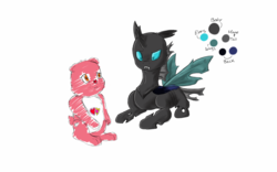 Size: 1280x800 | Tagged: safe, artist:galaxcina7499, changeling, care bears, confused, reference sheet, sitting
