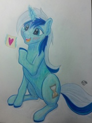 Size: 1930x2591 | Tagged: safe, artist:blastradiuss, minuette, pony, unicorn, g4, adorable face, blushing, cute, female, heart, heart eyes, minubetes, open mouth, sitting, smiling, solo, traditional art, wingding eyes
