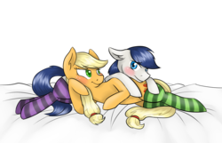 Size: 2157x1391 | Tagged: safe, artist:apple-crumbler, applejack, oc, g4, bed, bedroom eyes, blushing, canon x oc, clothes, cuddling, female, floppy ears, leaning, male, on side, shipping, smiling, snuggling, socks, straight, striped socks