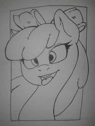 Size: 540x720 | Tagged: safe, artist:atane27, apple bloom, g4, bust, female, inktober, monochrome, portrait, solo, tongue out