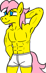 Size: 365x579 | Tagged: safe, artist:jargon scott, color edit, edit, fluttershy, anthro, g4, armpits, boxers, butterscotch, clothes, colored, male, muscles, rule 63, smiling, solo, topless, underwear, underwear edit