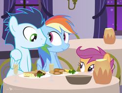 Size: 1050x805 | Tagged: safe, artist:dm29, rainbow dash, scootaloo, soarin', pony, g4, commission, female, male, not creepy, restaurant, ship:soarindash, shipping, soon, straight, third wheel, trio