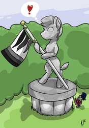 Size: 2700x3857 | Tagged: safe, artist:dombrus, oc, oc only, oc:gear mane, zebra, canterlot gardens, flag, heart, high res, inanimate tf, petrification, statue, story included, transformation