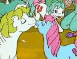 Size: 474x360 | Tagged: safe, screencap, baby cuddles, cupcake (g1), fizzy, megan williams, surprise, human, g1, my little pony 'n friends, the end of flutter valley, animated, cropped, cuddleprise, female, horses doing horse things, kiss on the lips, kissing, lesbian, out of context, shipping, shipping fuel