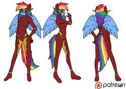 Size: 1200x850 | Tagged: safe, artist:linedraweer, rainbow dash, oc, oc:rainbow flash 64, anthro, plantigrade anthro, g4, clothes, commission, costume, dc comics, female, hand on hip, patreon, patreon logo, rainbow dash always dresses in style, reference sheet, simple background, solo, the flash, white background