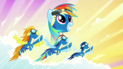 Size: 1920x1078 | Tagged: safe, screencap, rainbow dash, soarin', spitfire, pony, g4, newbie dash, wonderbolts, wonderbolts uniform