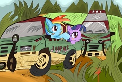 Size: 600x403 | Tagged: safe, artist:sebastian, rainbow dash, twilight sparkle, g4, jurassic park