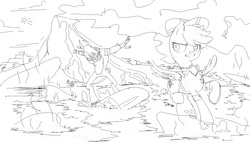 Size: 1569x891 | Tagged: artist needed, safe, ahuizotl, daring do, g4, adventure, monochrome, surfing, volcano