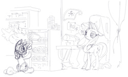 Size: 1579x956 | Tagged: safe, artist:silfidum, rarity, sweetie belle, g4, monochrome, sketch, workshop