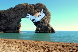 Size: 4310x2868 | Tagged: safe, artist:uponia, artist:yetioner, rainbow dash, pegasus, pony, g4, angry, arch, beach, durdle door, england, flying, high res, irl, limestone, photo, ponies in real life, rock, solo, vector, water