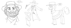 Size: 1560x629 | Tagged: safe, artist:silfidum, cheese sandwich, g4, cowboy, cowboy hat, crossover, hat, monochrome, sketch, wild west