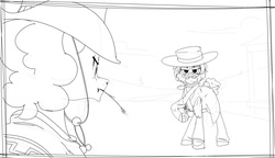 Size: 1978x1140 | Tagged: safe, artist:silfidum, cheese sandwich, g4, cowboy, cowboy hat, crossover, hat, monochrome, sketch