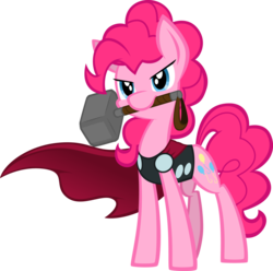 Size: 1024x1016 | Tagged: safe, artist:agentkirin, pinkie pie, g4, cape, clothes, crossover, female, frown, glare, mjölnir, mouth hold, simple background, solo, thor, transparent background